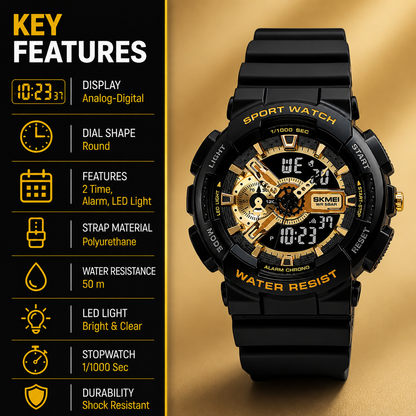 Analog-Digital Sports Watch Multifunction LED Display Alarm, Stopwatch, Day-Date Water Resistant Durable Watch for Boys & Girls
