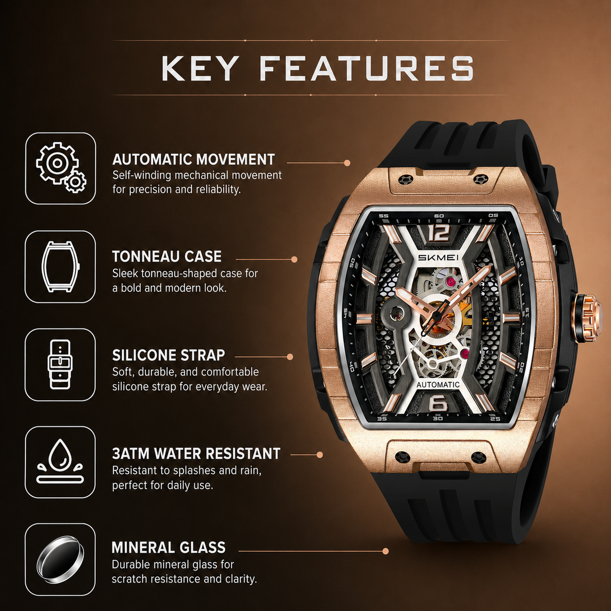 Automatic Watch for Men with Black Silicone Strap and Round Dial for Casual & Formal Wear