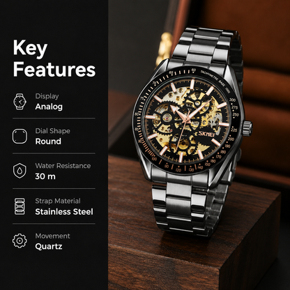 Luxury Skeleton Analog Wrist Watch with Metal Strap For Men