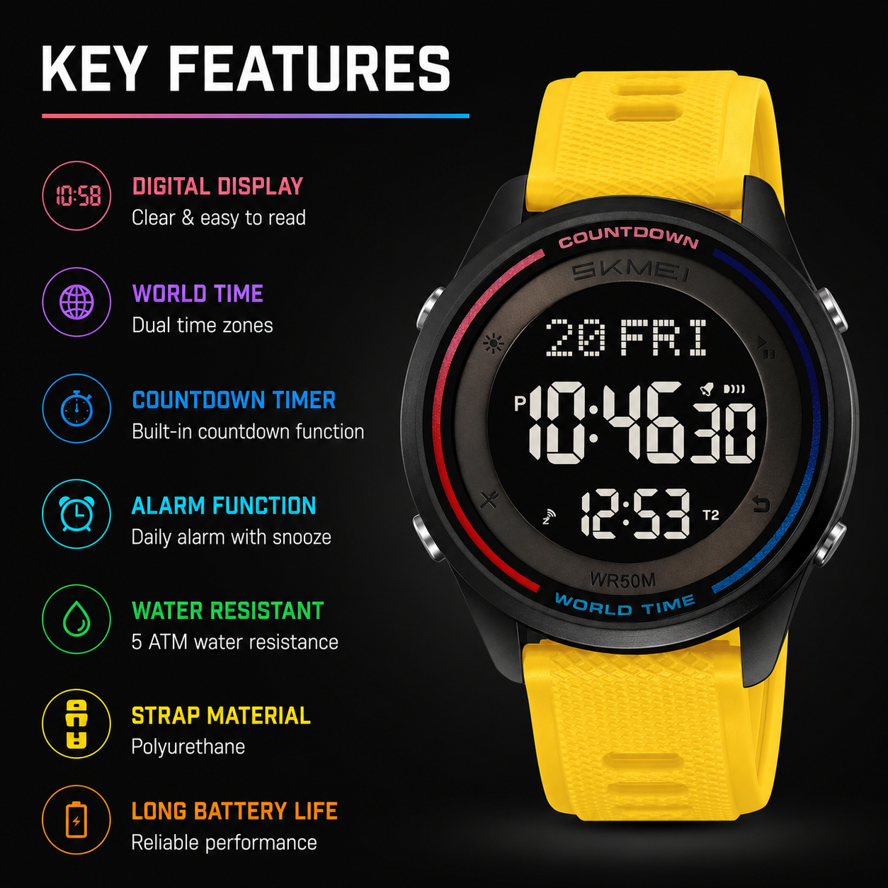 Digital Sports Wrist Watch with Silicone Strap for men