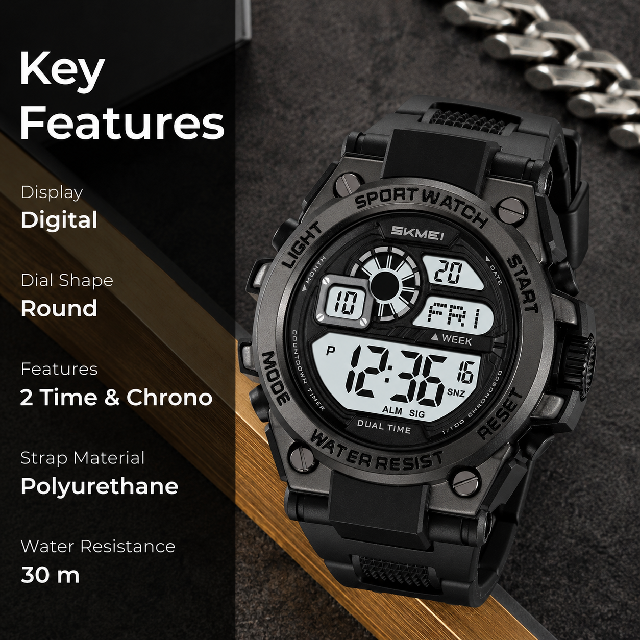 Rugged Digital Sports Watch with Dual Time Display for men
