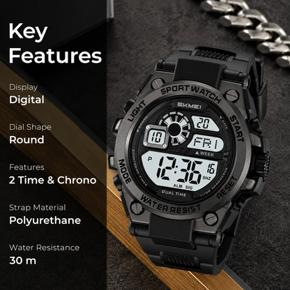 Rugged Digital Sports Watch with Dual Time Display for men