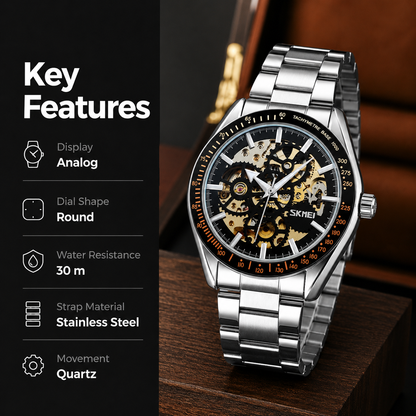Luxury Skeleton Analog Wrist Watch with Metal Strap For Men