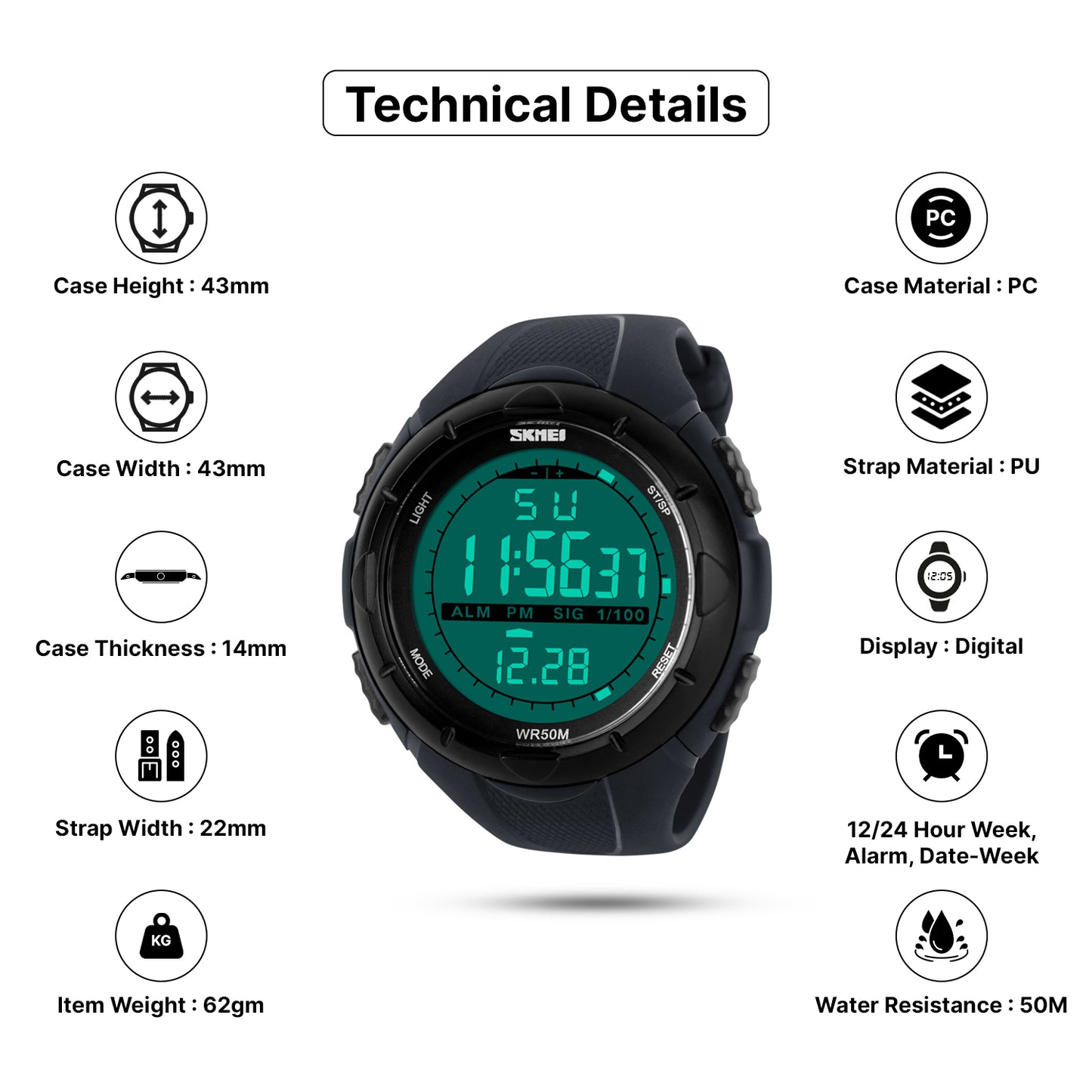 Skmei Digital Dial Silicone Strap Watch for Men - 1025