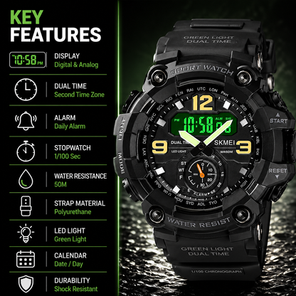 Premium Analog Digital Sports Watch for Men with Dual Time LED Display Alarm and Rugged Design