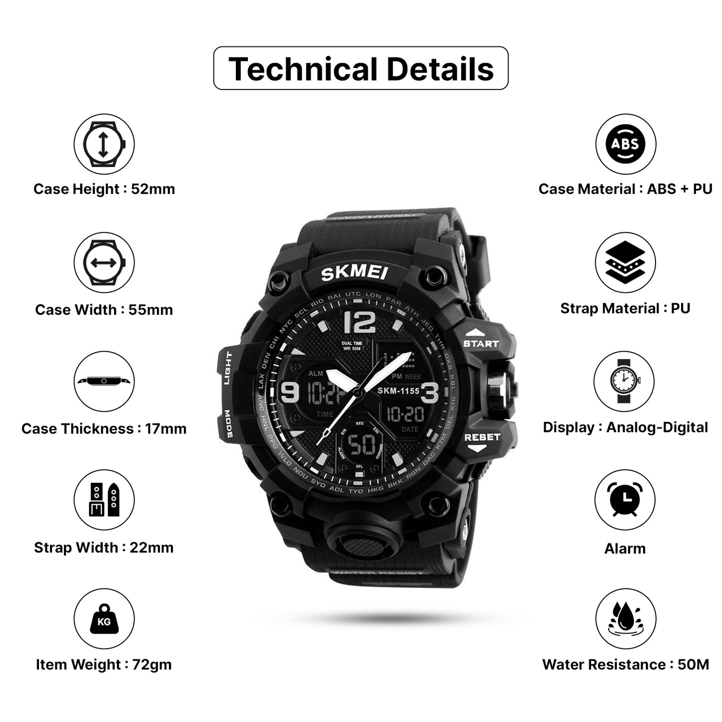 Skmei  Analog-Digital Dial PU Strap Watch for Men - 1155