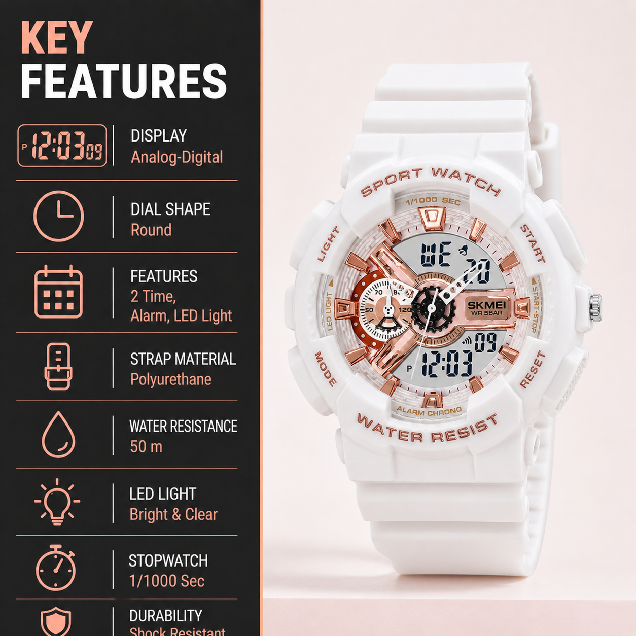 Analog-Digital Sports Watch Multifunction LED Display Alarm, Stopwatch, Day-Date Water Resistant Durable Watch for Boys & Girls