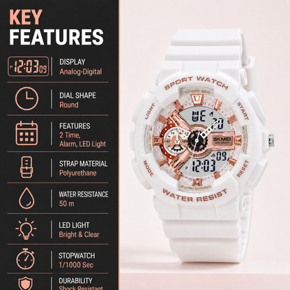 Analog-Digital Sports Watch Multifunction LED Display Alarm, Stopwatch, Day-Date Water Resistant Durable Watch for Boys & Girls