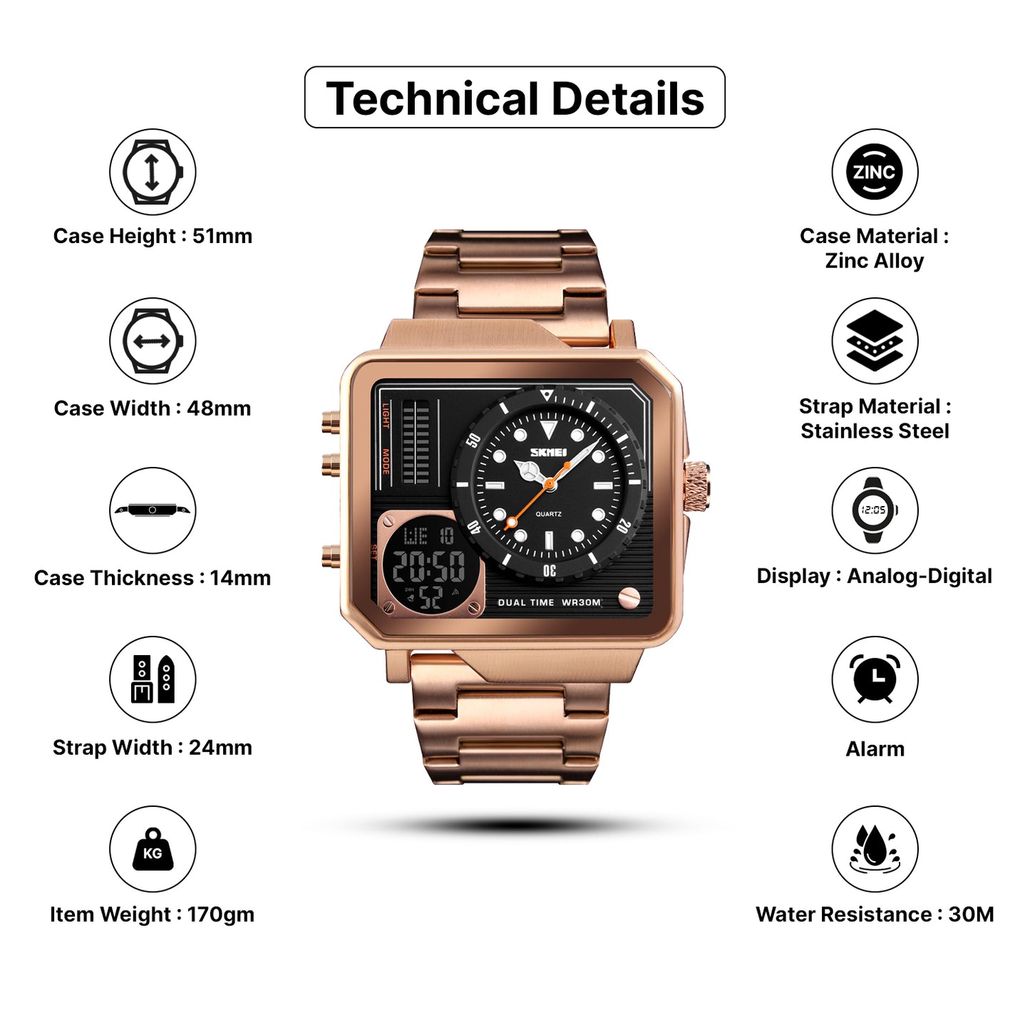 Skmei  Analog-Digital Dial Stainless Steel Strap Watch for Men - 1392