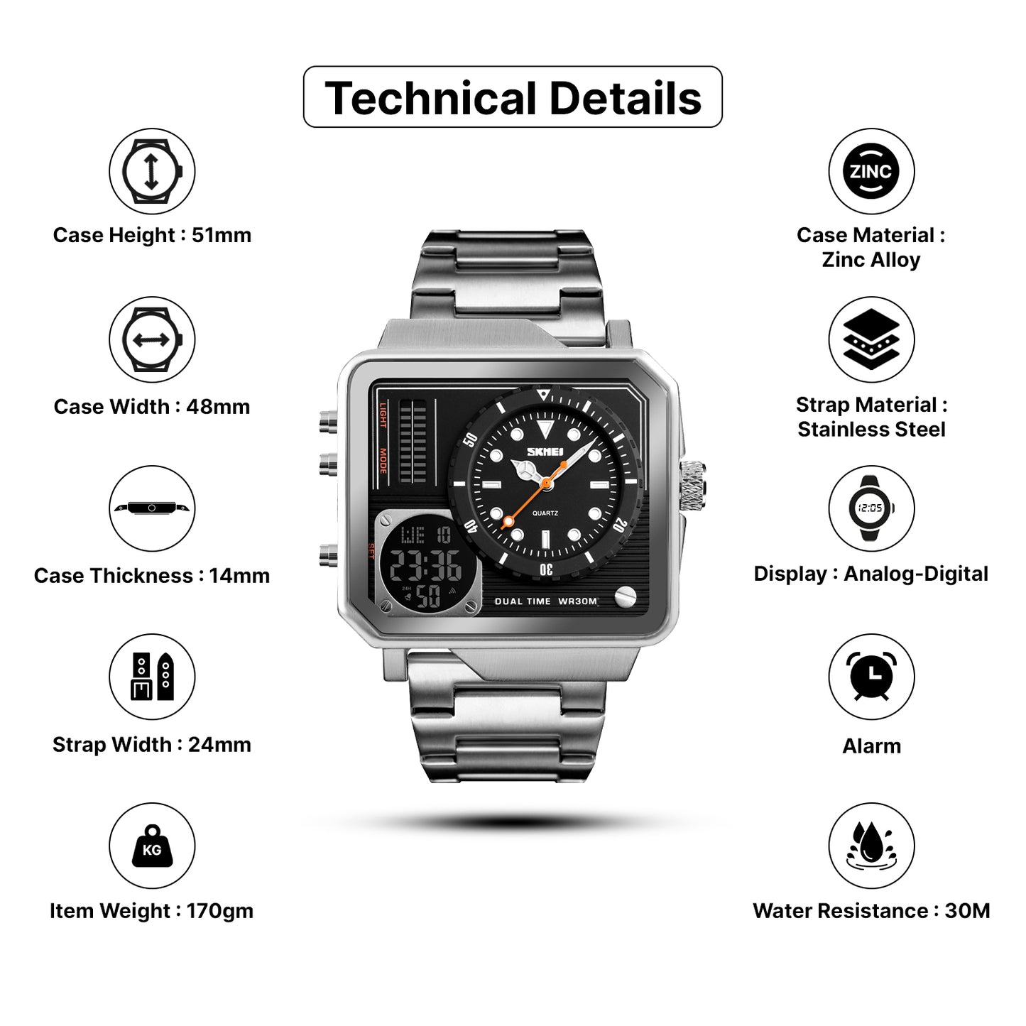 Skmei  Analog-Digital Dial Stainless Steel Strap Watch for Men - 1392