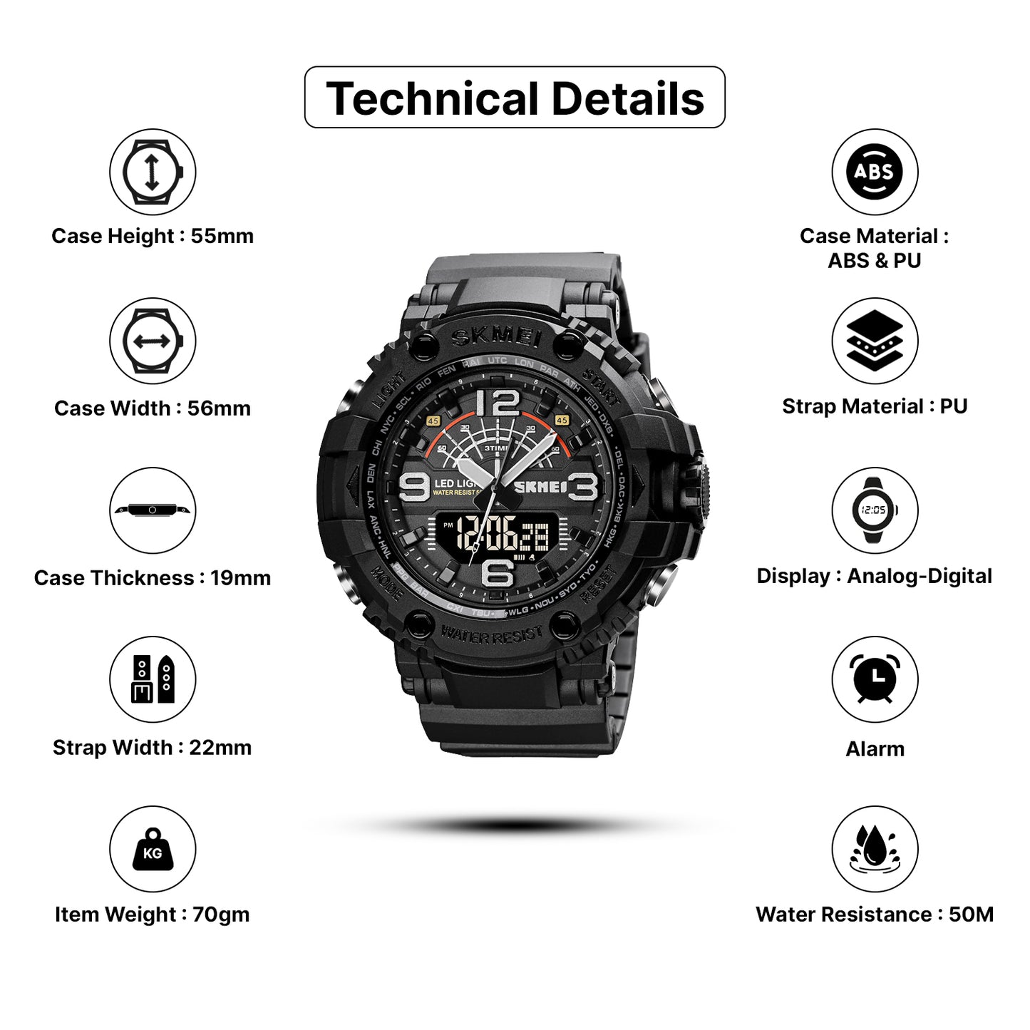 Skmei Analog-Digital Dial PU Strap Watch for Men - 1617
