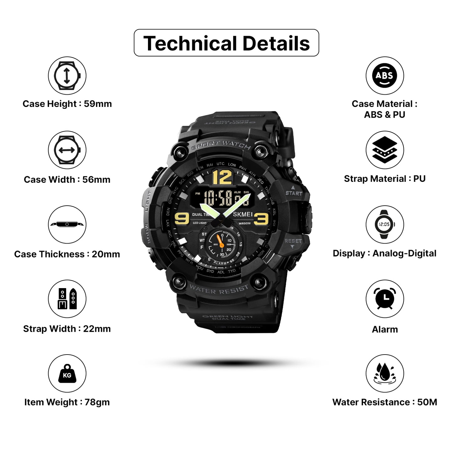 Skmei Analog-Digital Dial PU Strap Watch for Men - 1637