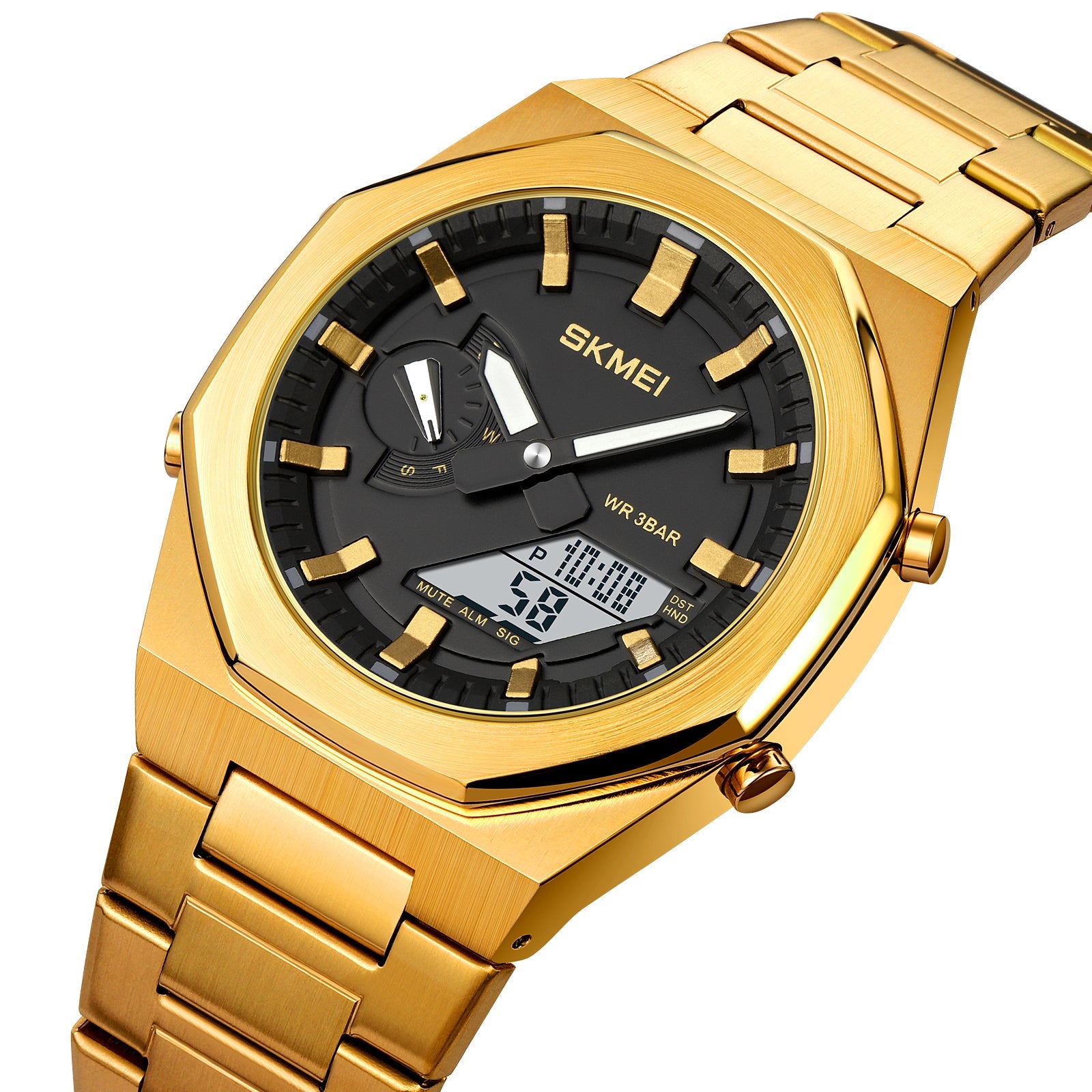 Skmei Analog-Digital Dial Stainless Steel Strap Watch for Men 1816 Rose Gold White