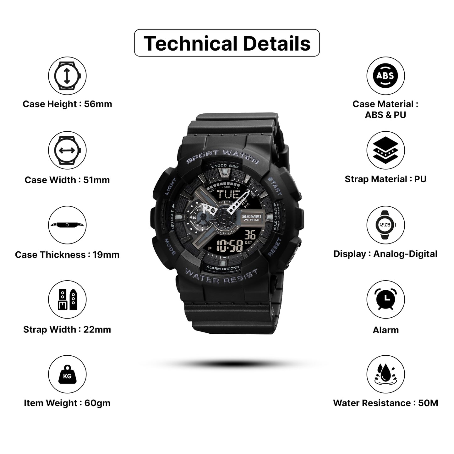 Skmei Digital Dial PU Strap Watch for Men - 1834