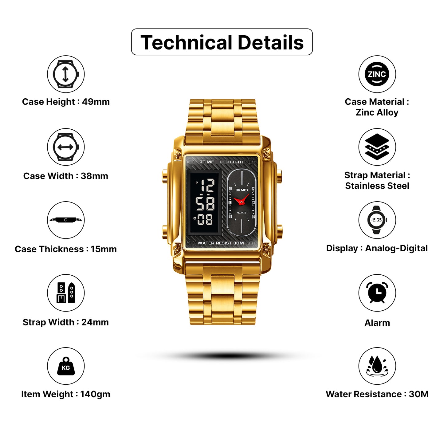 Skmei Digital Dial Stainless Steel Strap Watch for Men - 1868