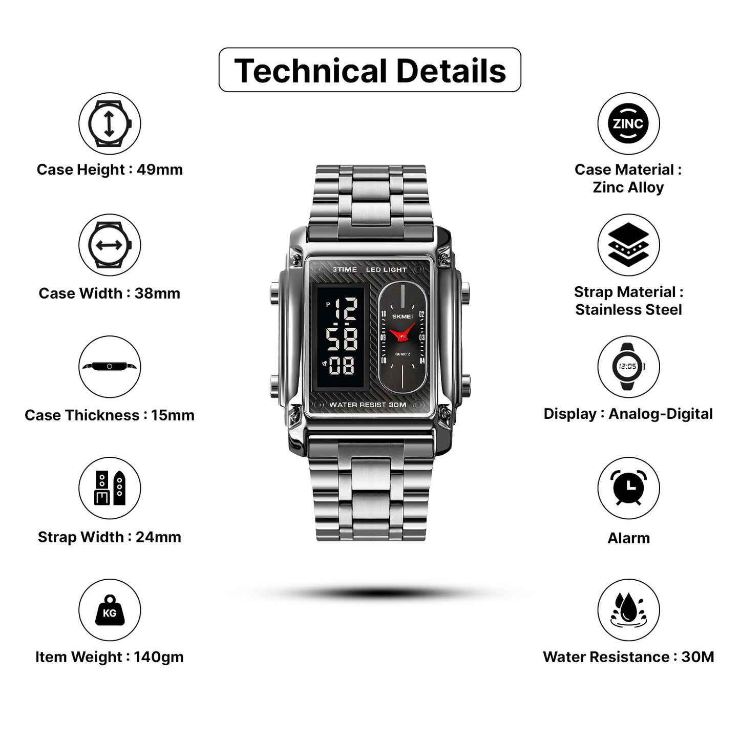 Skmei Digital Dial Stainless Steel Strap Watch for Men - 1868