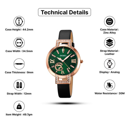 Skmei Quartz Analog Green Dial Leather Strap Watch for Women - 1977