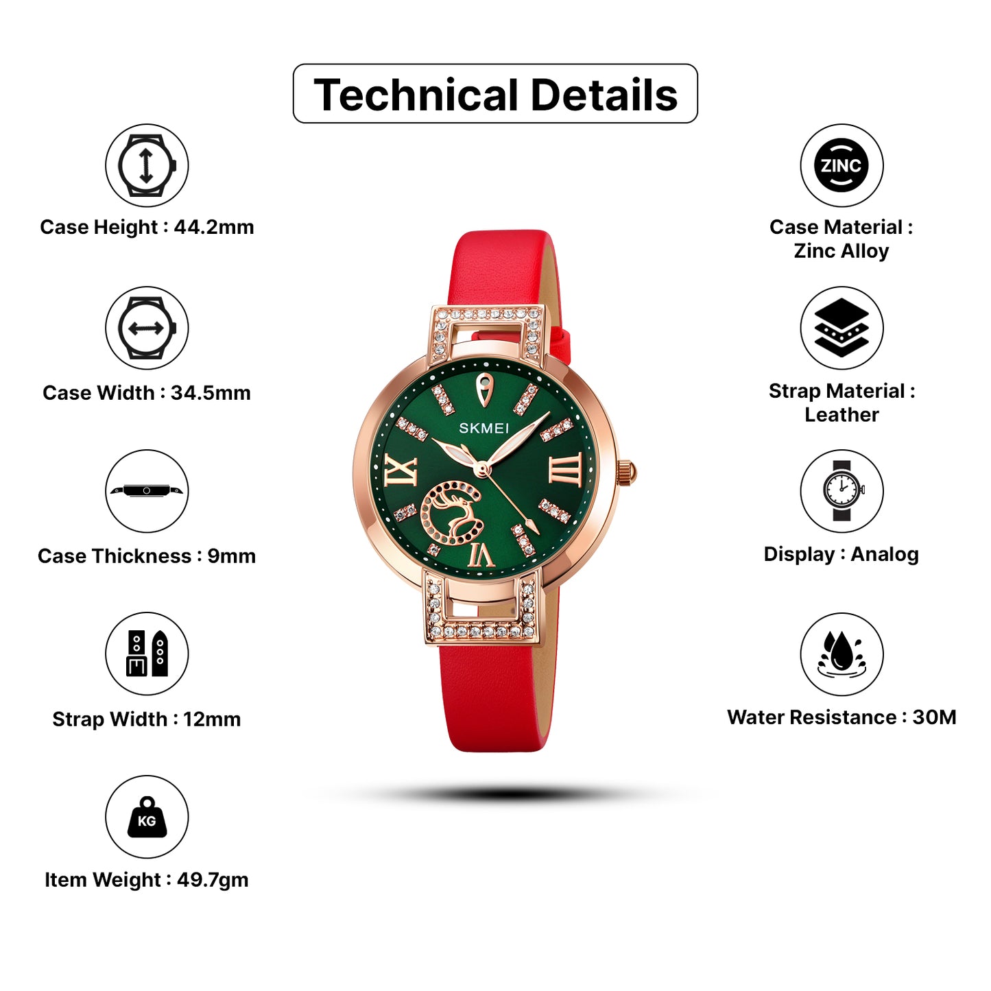 Skmei Quartz Analog Green Dial Leather Strap Watch for Women - 1977