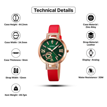 Skmei Quartz Analog Green Dial Leather Strap Watch for Women - 1977