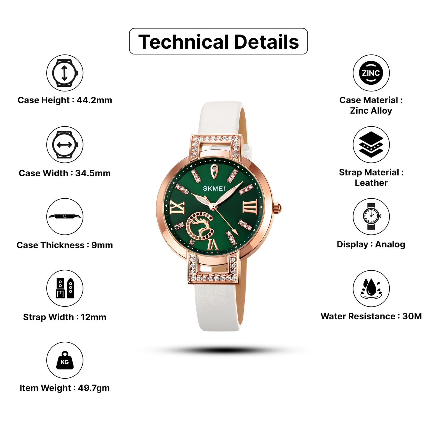 Skmei Quartz Analog Green Dial Leather Strap Watch for Women - 1977