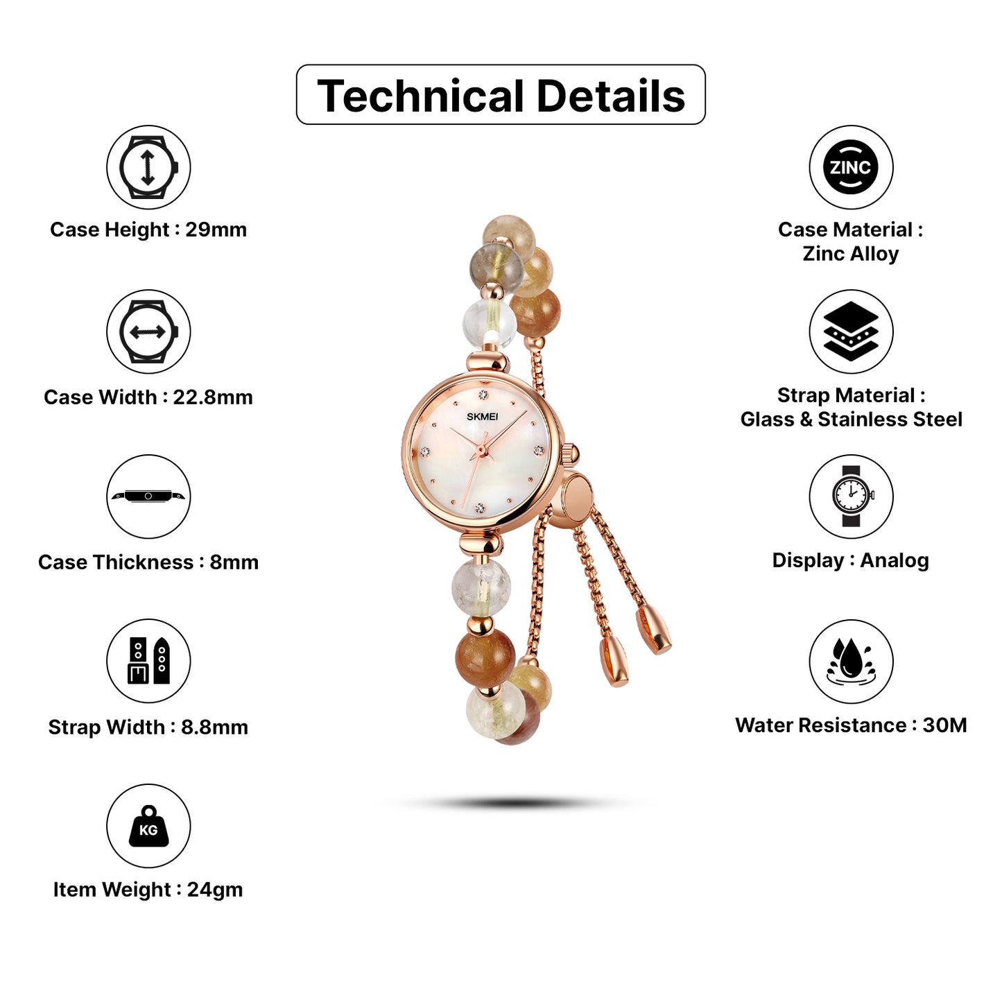 Skmei Quartz Analog Dial Glass::Stainless Steel Strap Watch for Women - 1983