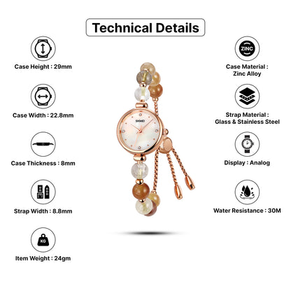 Skmei Quartz Analog Dial Glass::Stainless Steel Strap Watch for Women - 1983