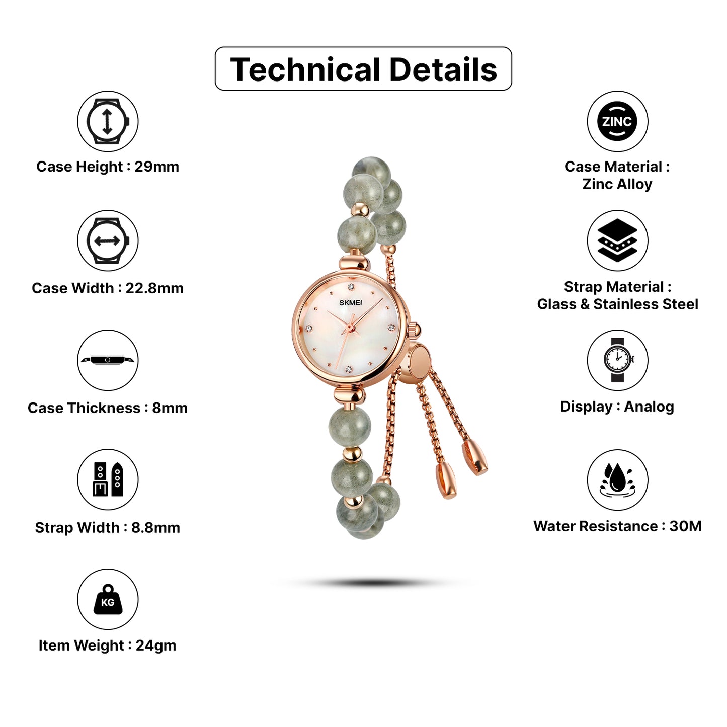 Skmei Quartz Analog Dial Glass::Stainless Steel Strap Watch for Women - 1983