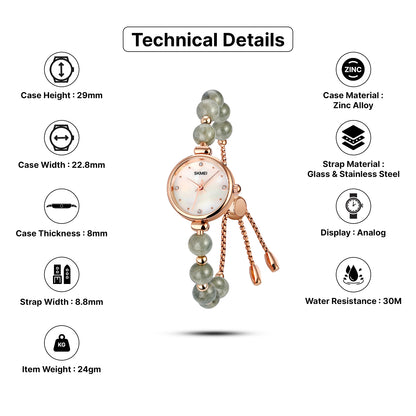 Skmei Quartz Analog Dial Glass::Stainless Steel Strap Watch for Women - 1983