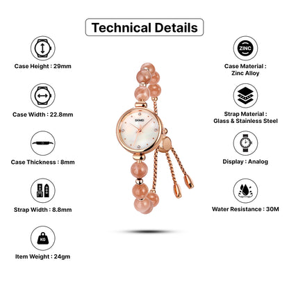 Skmei Quartz Analog Dial Glass::Stainless Steel Strap Watch for Women - 1983