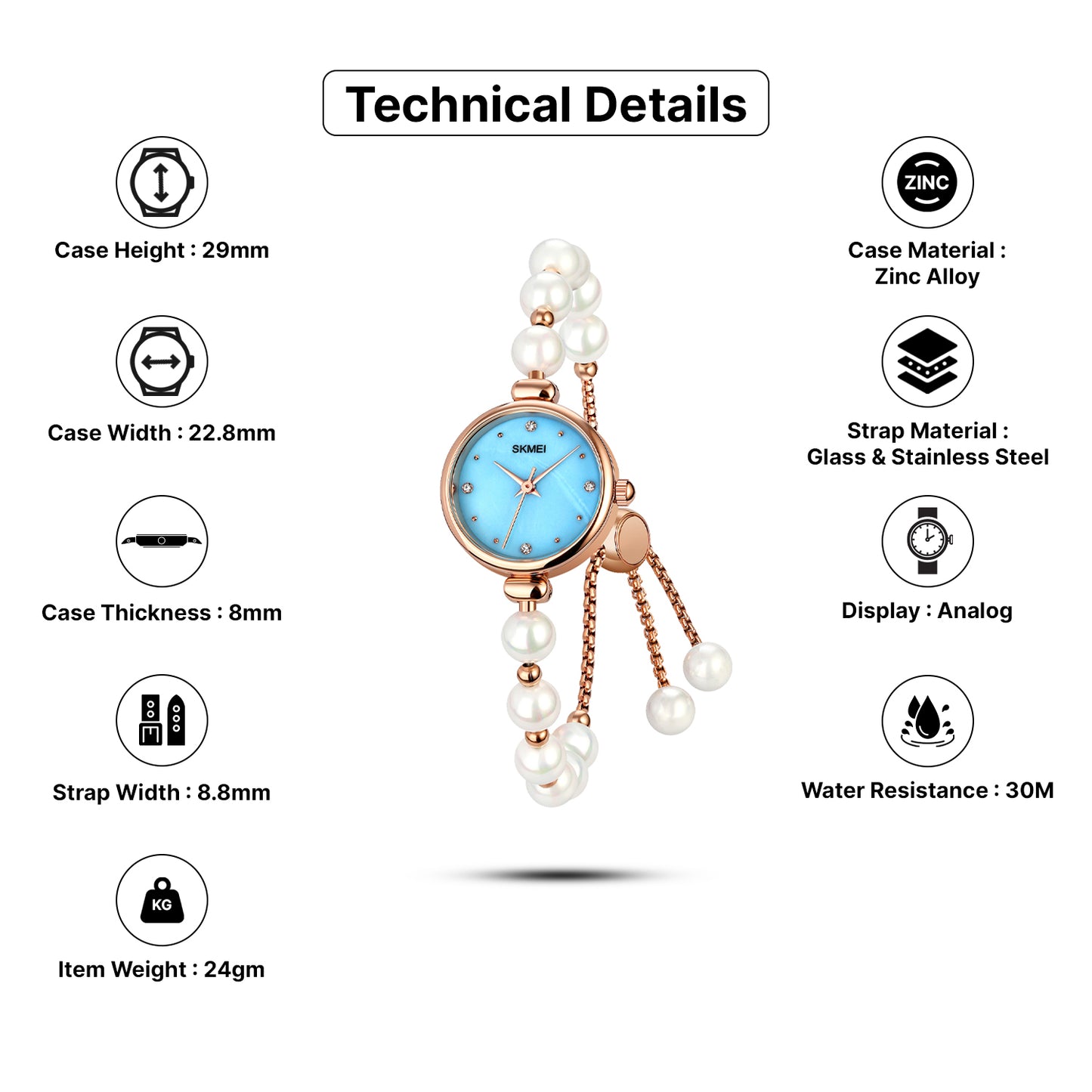 Skmei Quartz Analog Dial Glass::Stainless Steel Strap Watch for Women - 1983