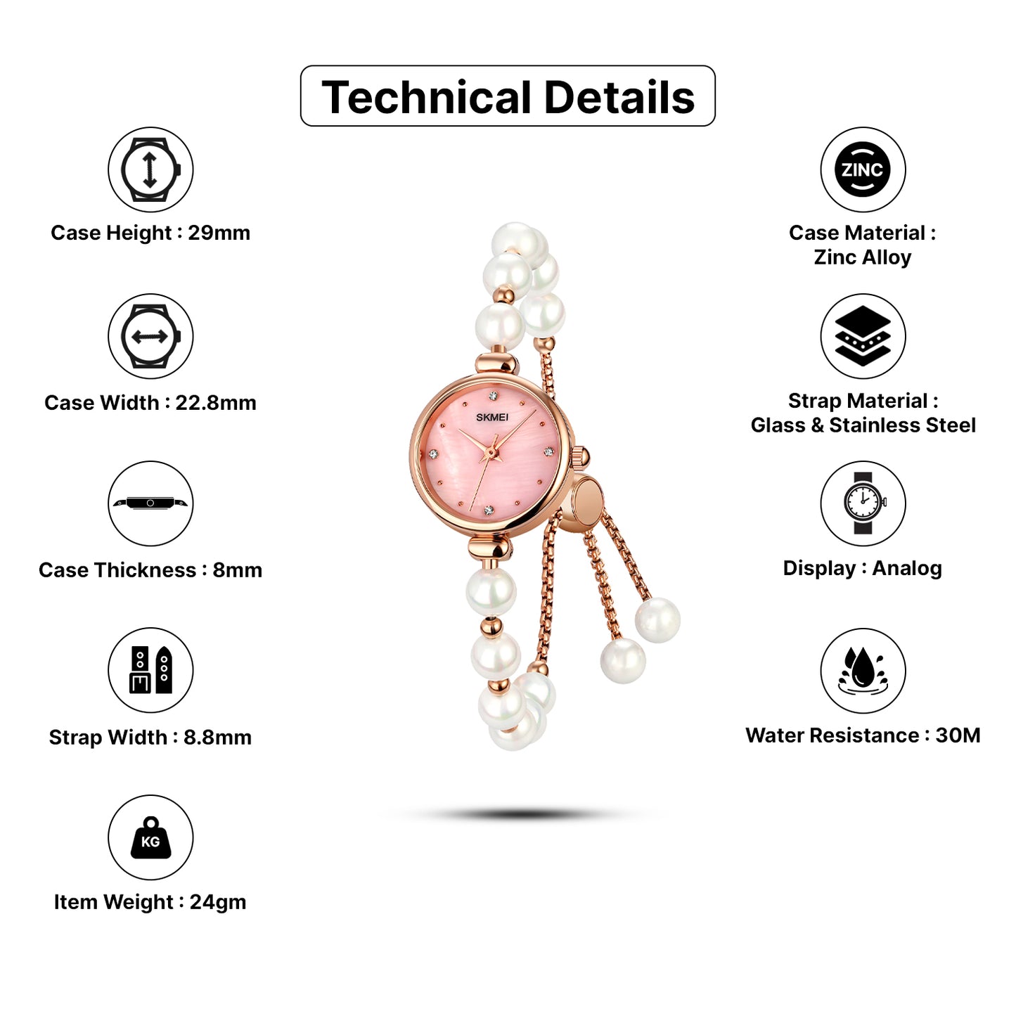 Skmei Quartz Analog Dial Glass::Stainless Steel Strap Watch for Women - 1983