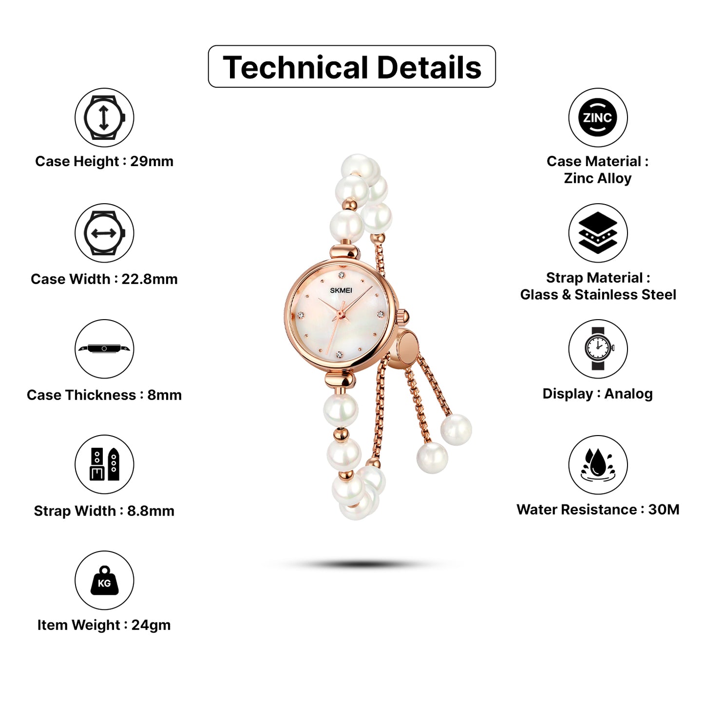 Skmei Quartz Analog Dial Glass::Stainless Steel Strap Watch for Women - 1983