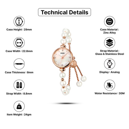 Skmei Quartz Analog Dial Glass::Stainless Steel Strap Watch for Women - 1983