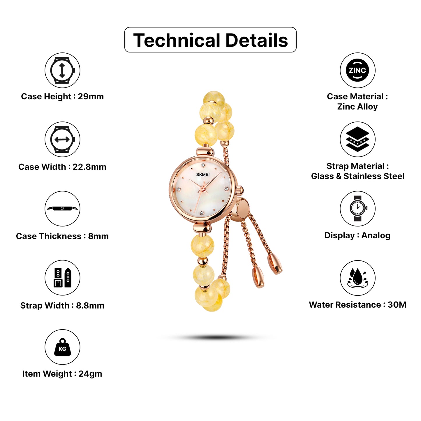 Skmei Quartz Analog Dial Glass::Stainless Steel Strap Watch for Women - 1983