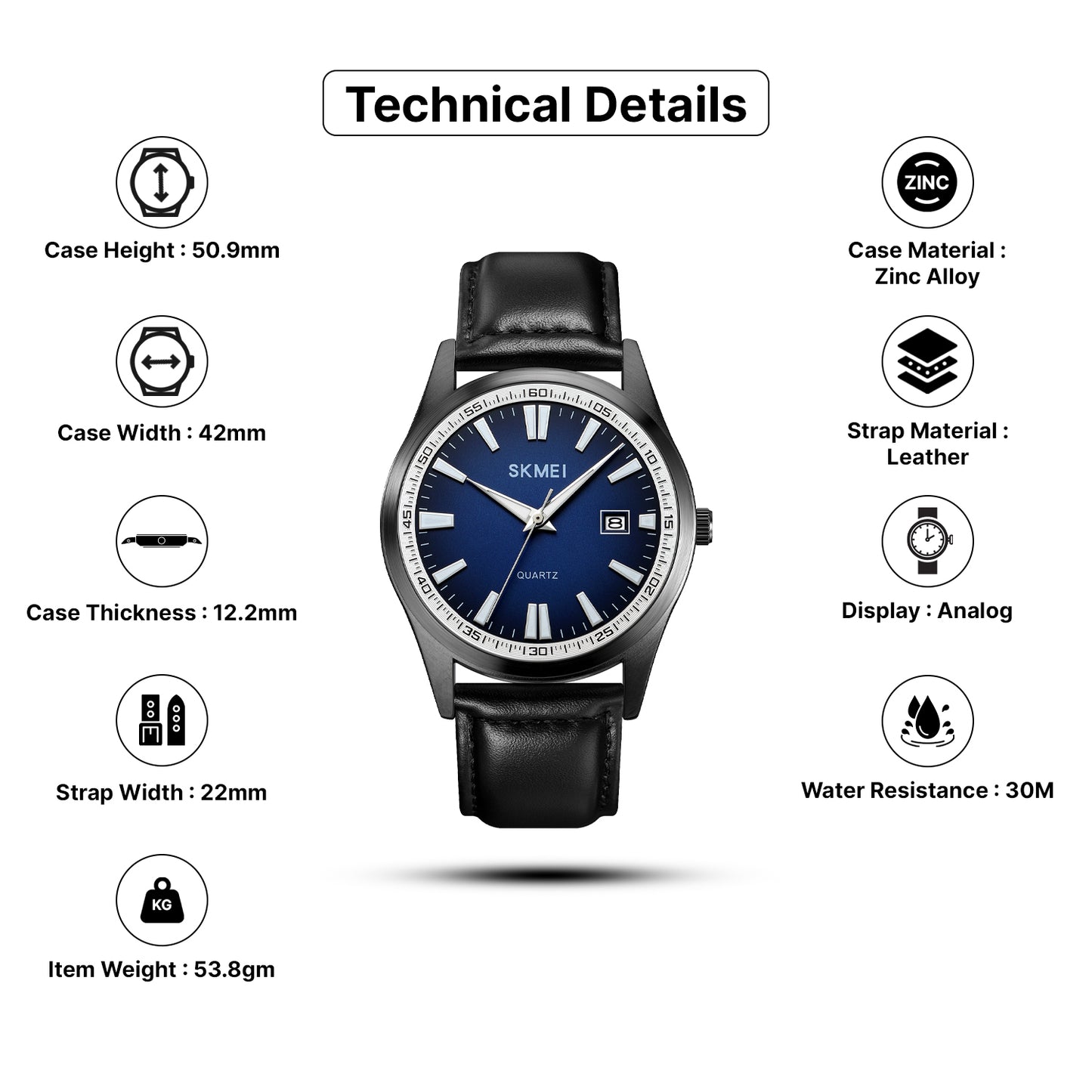 Skmei Quartz Analog Light Dial Leather Strap Watch for Men - 1986