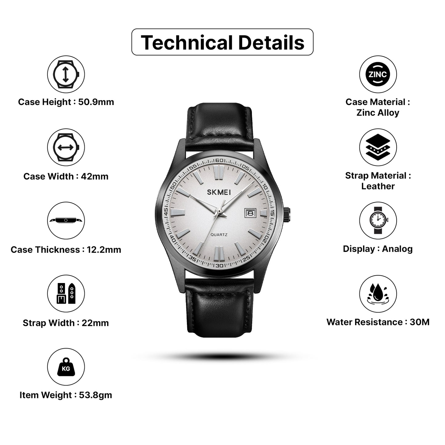 Skmei Quartz Analog Light Dial Leather Strap Watch for Men - 1986