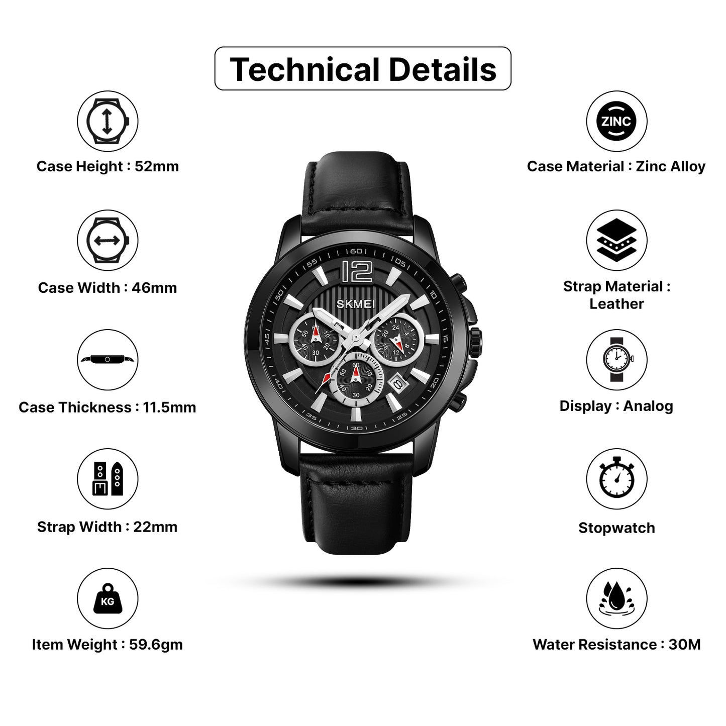 Skmei Quartz Analog Dial Leather Strap Watch for Men - 1989