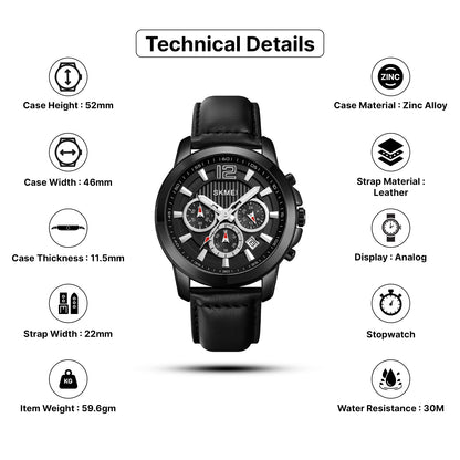 Skmei Quartz Analog Dial Leather Strap Watch for Men - 1989