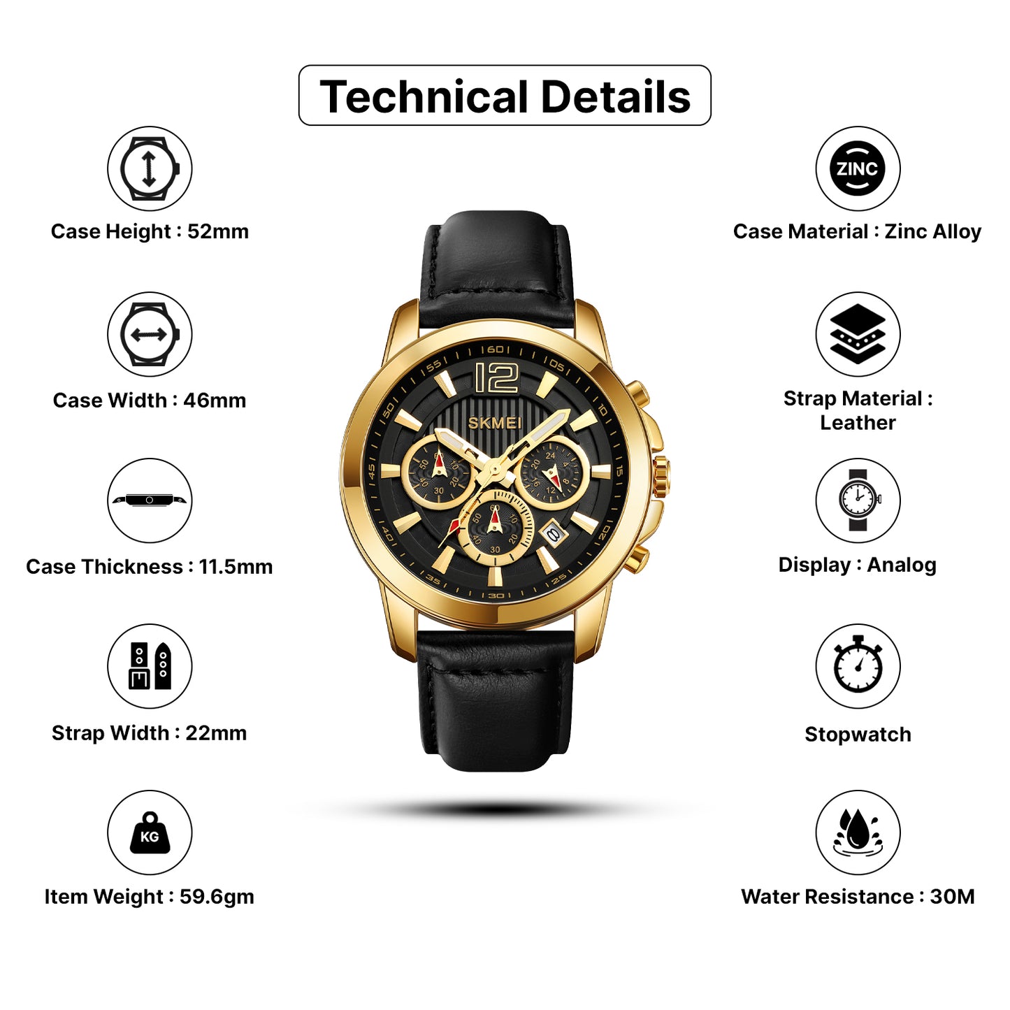 Skmei Quartz Analog Dial Leather Strap Watch for Men - 1989