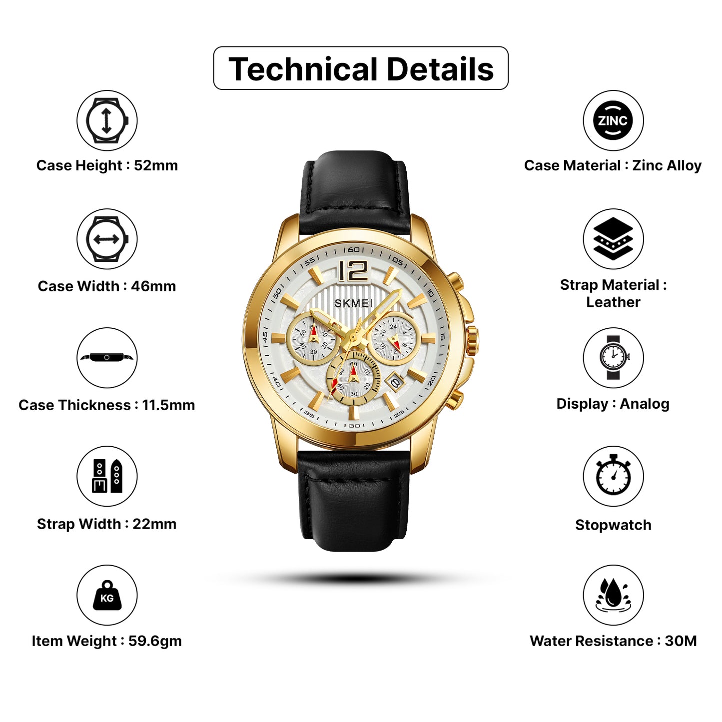 Skmei Quartz Analog Dial Leather Strap Watch for Men - 1989