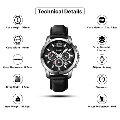 Skmei Quartz Analog Dial Leather Strap Watch for Men - 1989