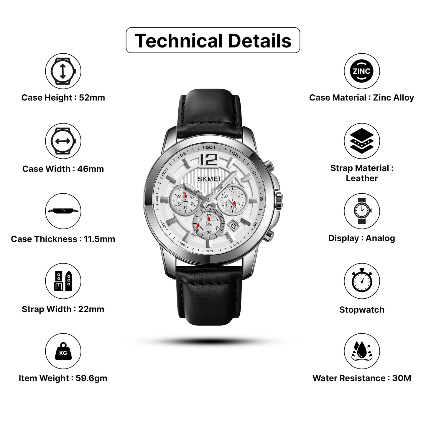 Skmei Quartz Analog Dial Leather Strap Watch for Men - 1989