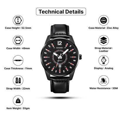 Skmei Quartz Analog Dial Leather Strap Watch for Men - 1993