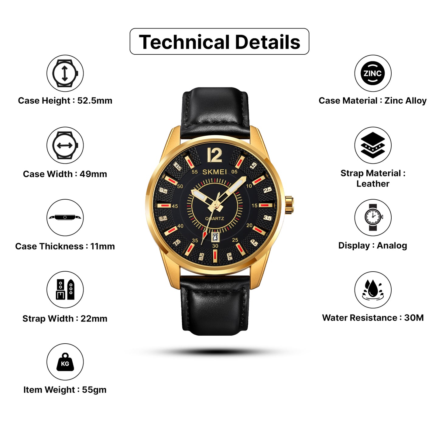 Skmei Quartz Analog Dial Leather Strap Watch for Men - 1993