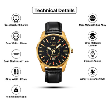 Skmei Quartz Analog Dial Leather Strap Watch for Men - 1993