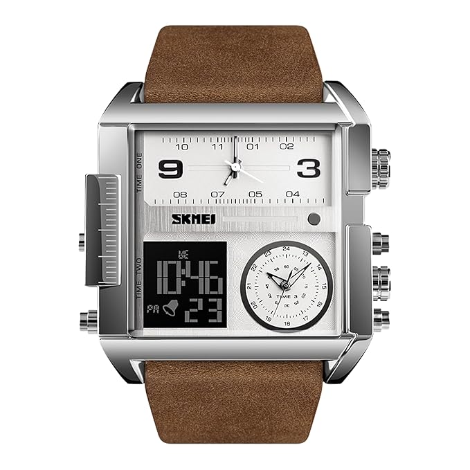 Multi Display Analog Digital Wrist Watch with Leather Strap For Men