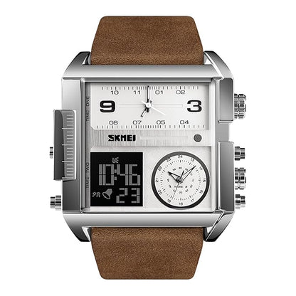 Multi Display Analog Digital Wrist Watch with Leather Strap For Men