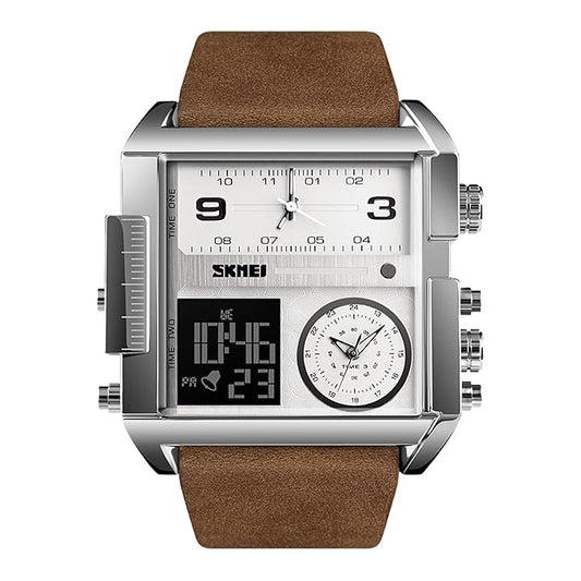 Multi Display Analog Digital Wrist Watch with Leather Strap For Men