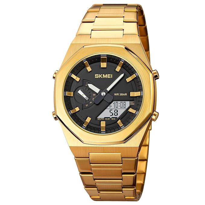 Analog-Digital Watch for Men with Gold Stainless Steel Strap and Round Dial for Casual & Formal Wear