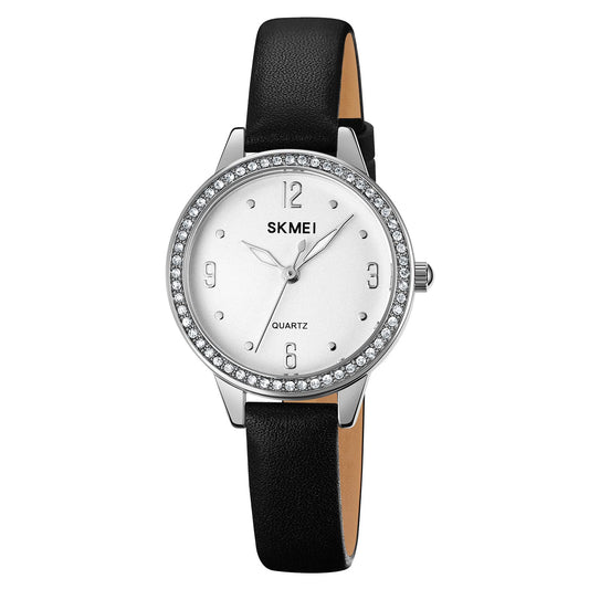 Elegant Women Wristwatch with Sparkling Rhinestone Bezel and Textured Strap